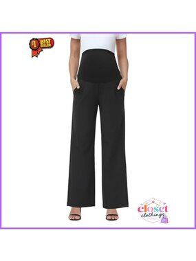 Stretchy Wide Leg Maternity Work Pants High Rise Pull On